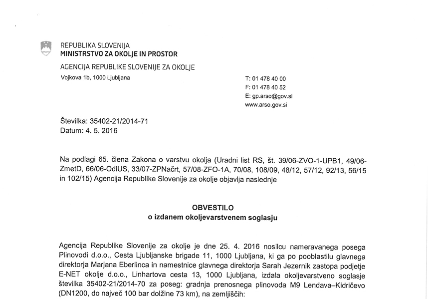 Obvestilo o izdanem okoljevarstvenem soglasju